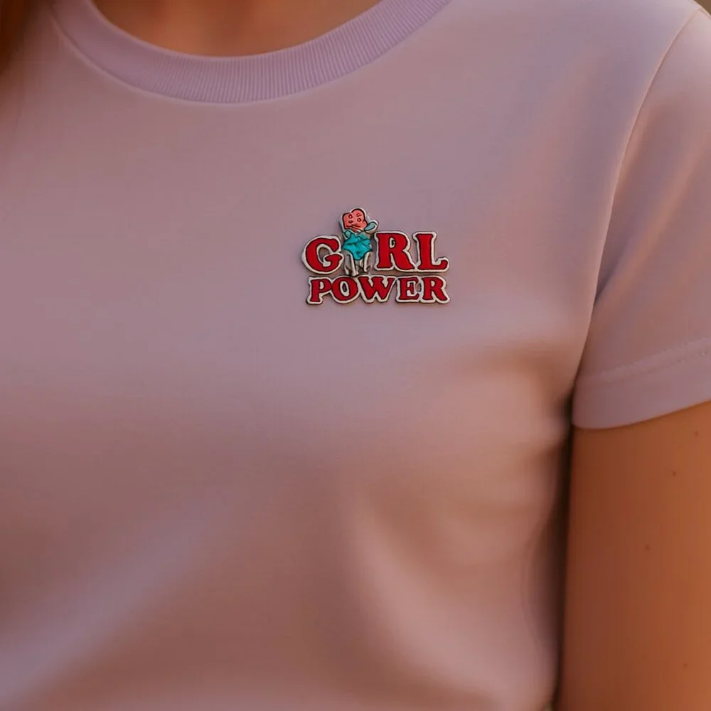Girl Power Red Rose Enamel Pin Brooch · Red Silver Tone · 1 ½ Inch Wide · New